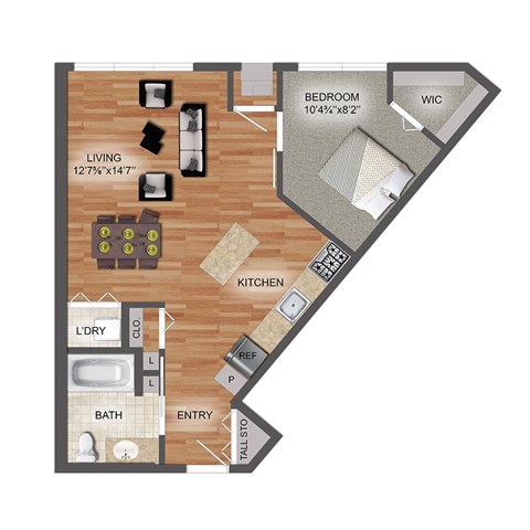 Floor plan for 1 bed, 1 bath, 665 sqft